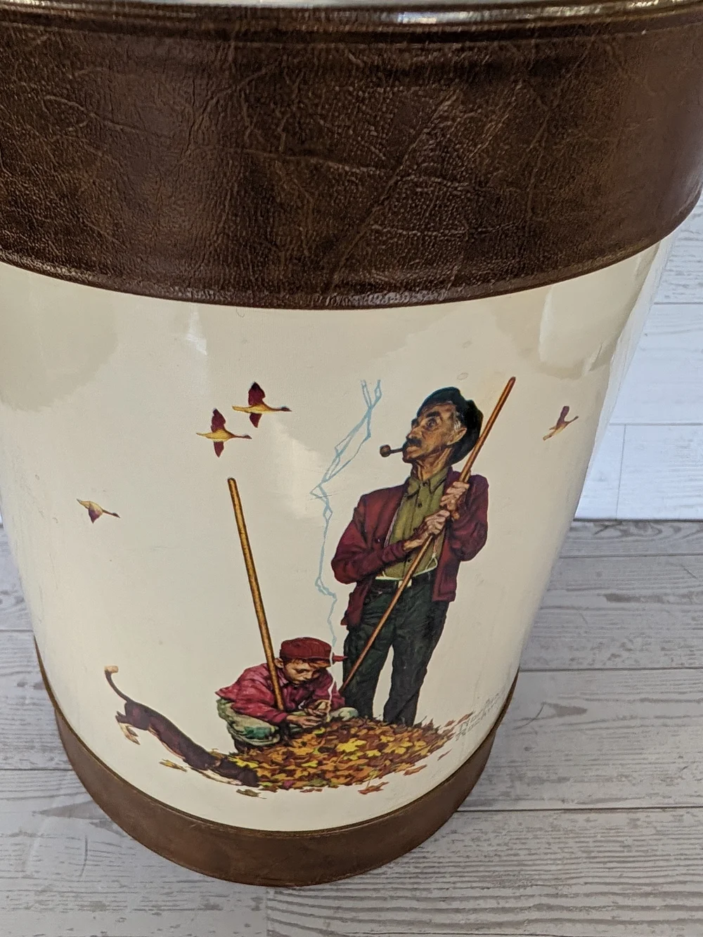 Vintage 1970s Norman Rockwell Ice Bucket Mid-Century Barware w/ faux leather